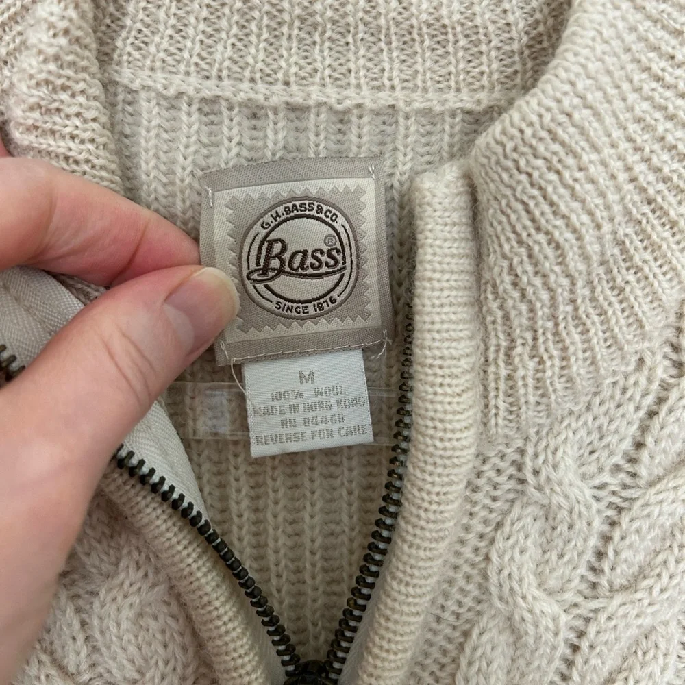 G.H.Bass 100% Wool Cream Fisherman Sweater Full Zip Size Medium - Picture 2 of 4